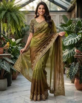 Mehendi chiffon embroidered sequins work heavy look ethnic saree with blouse 3