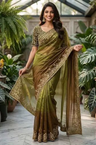 Mehendi chiffon embroidered sequins work heavy look ethnic saree with blouse
