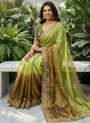Mehendi chiffon embroidered sequins work heavy look ethnic saree with blouse 4
