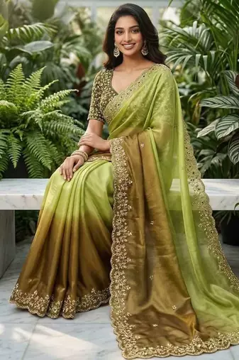 Mehendi chiffon embroidered sequins work heavy look ethnic saree with blouse