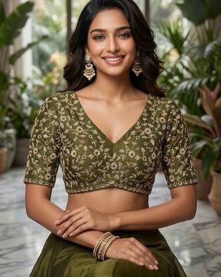 Mehendi chiffon embroidered sequins work heavy look ethnic saree with blouse 5