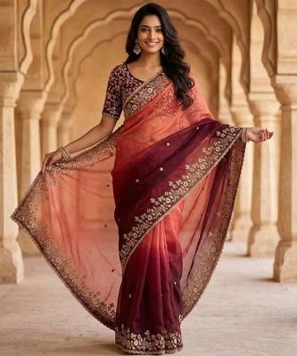 Maroon chiffon embroidered sequins work heavy look ethnic saree with blouse 1