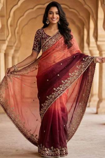 Maroon chiffon embroidered sequins work heavy look ethnic saree with blouse