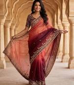 Maroon chiffon embroidered sequins work heavy look ethnic saree with blouse