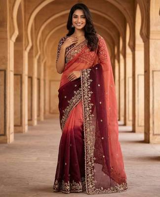 Maroon chiffon embroidered sequins work heavy look ethnic saree with blouse 2