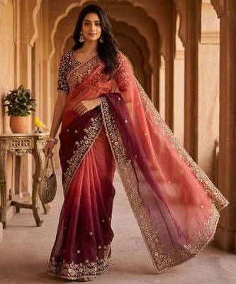 Maroon chiffon embroidered sequins work heavy look ethnic saree with blouse 3