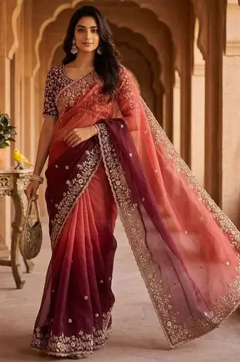 Maroon chiffon embroidered sequins work heavy look ethnic saree with blouse