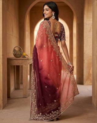 Maroon chiffon embroidered sequins work heavy look ethnic saree with blouse 4