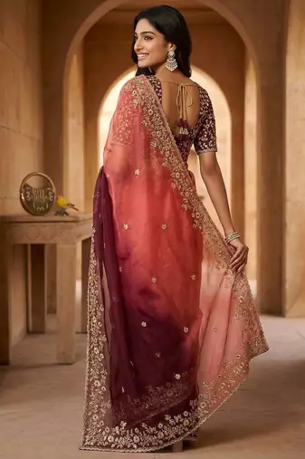 Maroon chiffon embroidered sequins work heavy look ethnic saree with blouse
