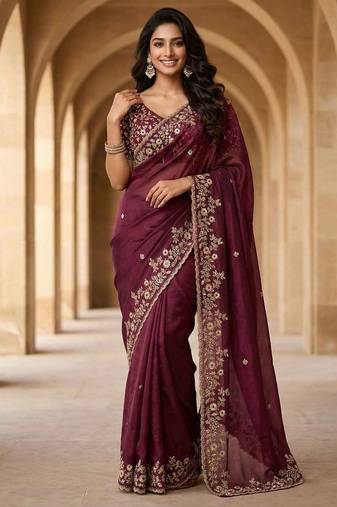 Purple chiffon embroidered sequins work heavy look ethnic saree with blouse