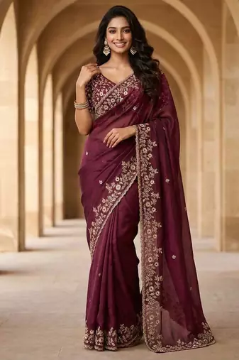 Purple chiffon embroidered sequins work heavy look ethnic saree with blouse