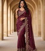Purple chiffon embroidered sequins work heavy look ethnic saree with blouse