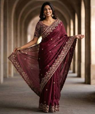 Purple chiffon embroidered sequins work heavy look ethnic saree with blouse 2