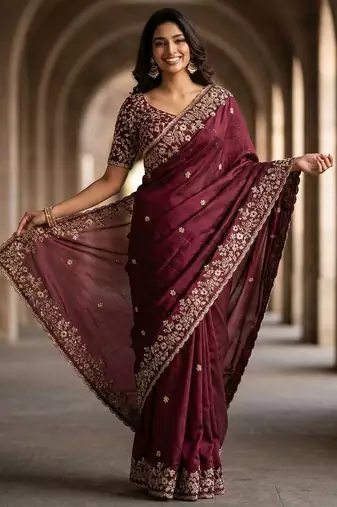 Purple chiffon embroidered sequins work heavy look ethnic saree with blouse
