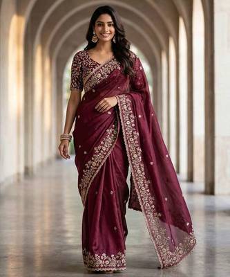 Purple chiffon embroidered sequins work heavy look ethnic saree with blouse 3