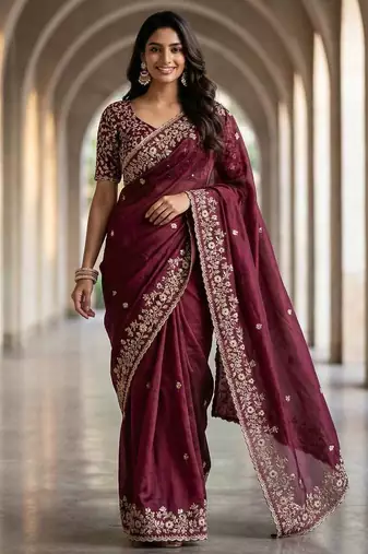 Purple chiffon embroidered sequins work heavy look ethnic saree with blouse