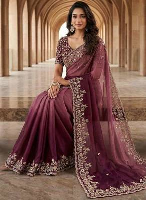 Purple chiffon embroidered sequins work heavy look ethnic saree with blouse 4