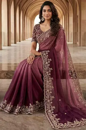 Purple chiffon embroidered sequins work heavy look ethnic saree with blouse
