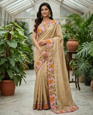 Beige manipuri silk embroidered thread work heavy look ethnic saree with blouse 1