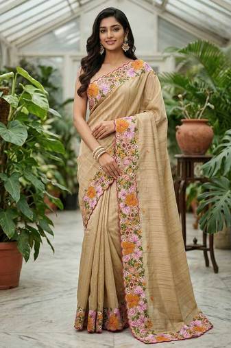 Beige manipuri silk embroidered thread work heavy look ethnic saree with blouse