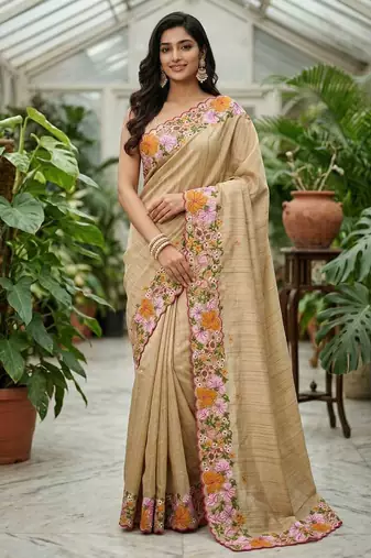 Beige manipuri silk embroidered thread work heavy look ethnic saree with blouse