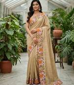 Beige manipuri silk embroidered thread work heavy look ethnic saree with blouse