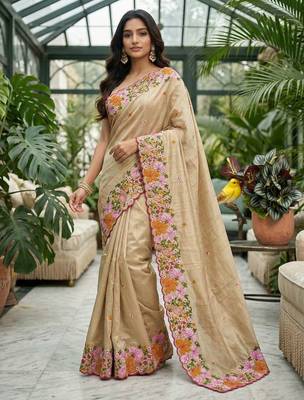 Beige manipuri silk embroidered thread work heavy look ethnic saree with blouse 2