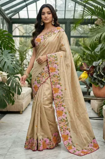 Beige manipuri silk embroidered thread work heavy look ethnic saree with blouse