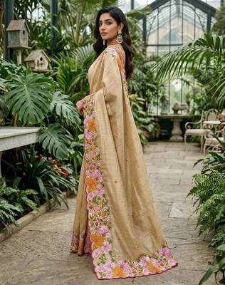Beige manipuri silk embroidered thread work heavy look ethnic saree with blouse 3