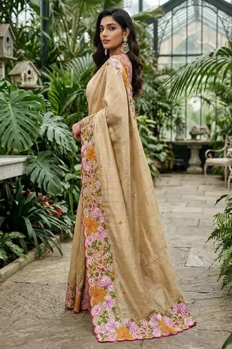 Beige manipuri silk embroidered thread work heavy look ethnic saree with blouse