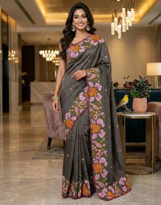 Black manipuri silk embroidered thread work heavy look ethnic saree with blouse 1