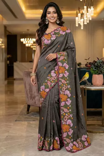 Black manipuri silk embroidered thread work heavy look ethnic saree with blouse