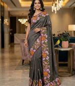 Black manipuri silk embroidered thread work heavy look ethnic saree with blouse