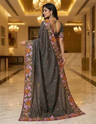 Black manipuri silk embroidered thread work heavy look ethnic saree with blouse 2
