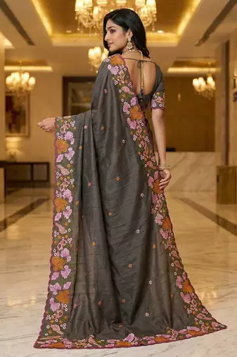 Black manipuri silk embroidered thread work heavy look ethnic saree with blouse