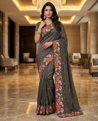 Black manipuri silk embroidered thread work heavy look ethnic saree with blouse 3