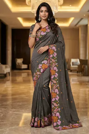 Black manipuri silk embroidered thread work heavy look ethnic saree with blouse