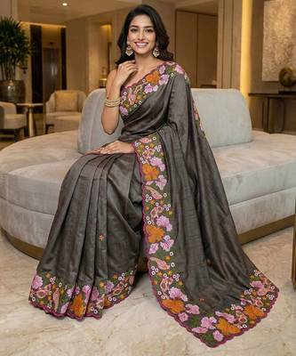 Black manipuri silk embroidered thread work heavy look ethnic saree with blouse 4