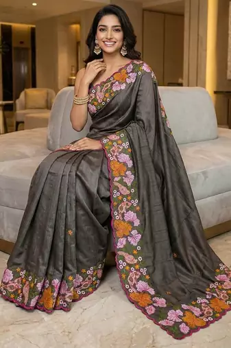Black manipuri silk embroidered thread work heavy look ethnic saree with blouse