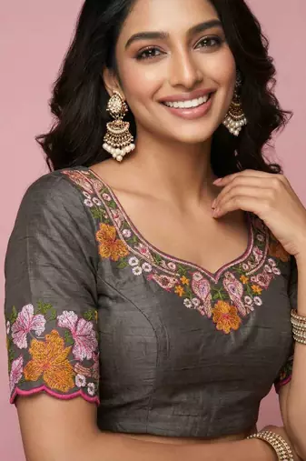 Black manipuri silk embroidered thread work heavy look ethnic saree with blouse