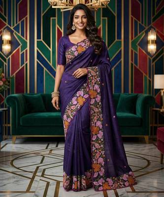 Purple manipuri silk embroidered thread work heavy look ethnic saree with blouse 1