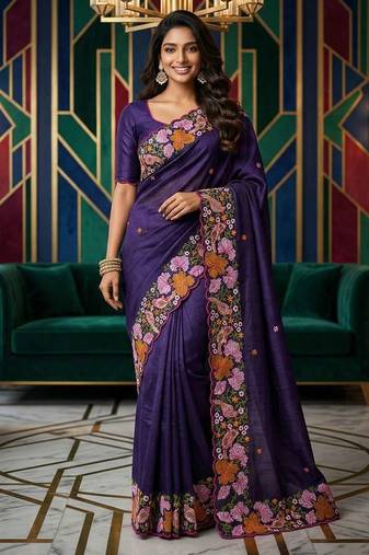 Purple manipuri silk embroidered thread work heavy look ethnic saree with blouse