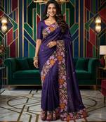 Purple manipuri silk embroidered thread work heavy look ethnic saree with blouse