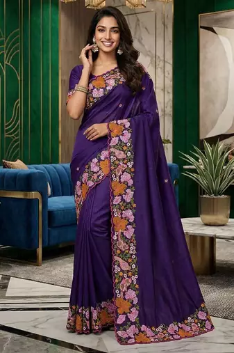 Purple manipuri silk embroidered thread work heavy look ethnic saree with blouse