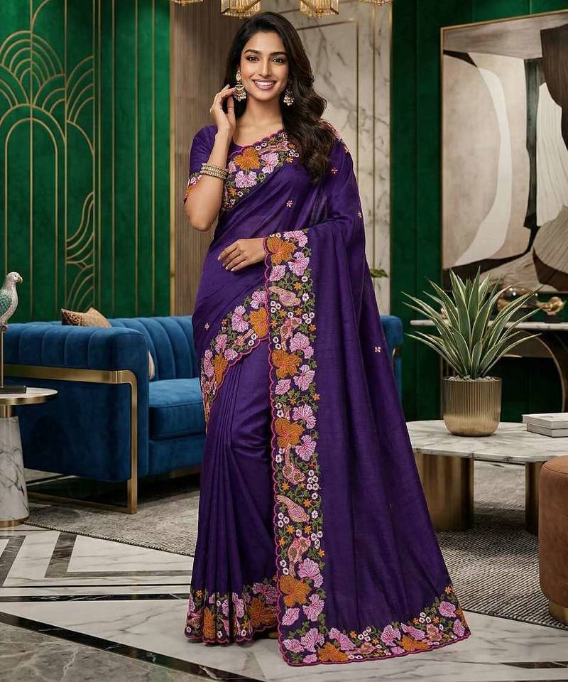 Purple manipuri silk embroidered thread work heavy look ethnic saree with blouse