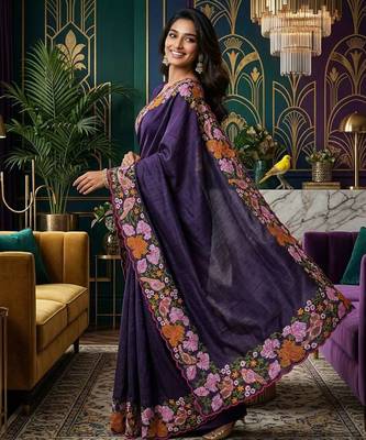 Purple manipuri silk embroidered thread work heavy look ethnic saree with blouse 4