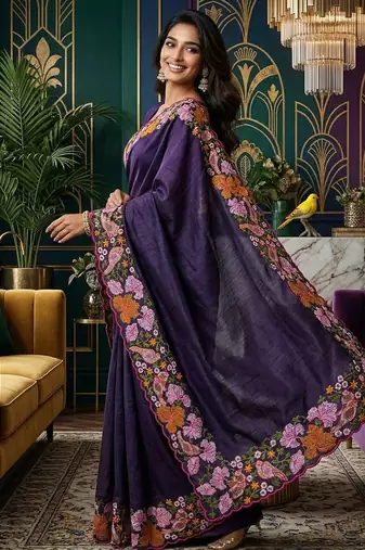Purple manipuri silk embroidered thread work heavy look ethnic saree with blouse