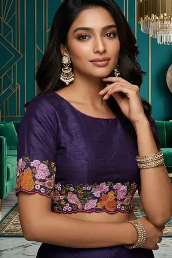 Purple manipuri silk embroidered thread work heavy look ethnic saree with blouse