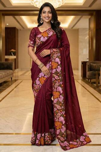 Red manipuri silk embroidered thread work heavy look ethnic saree with blouse
