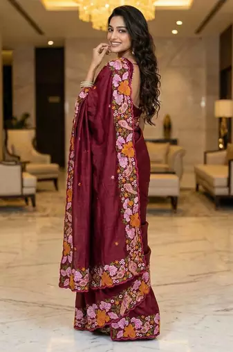 Red manipuri silk embroidered thread work heavy look ethnic saree with blouse